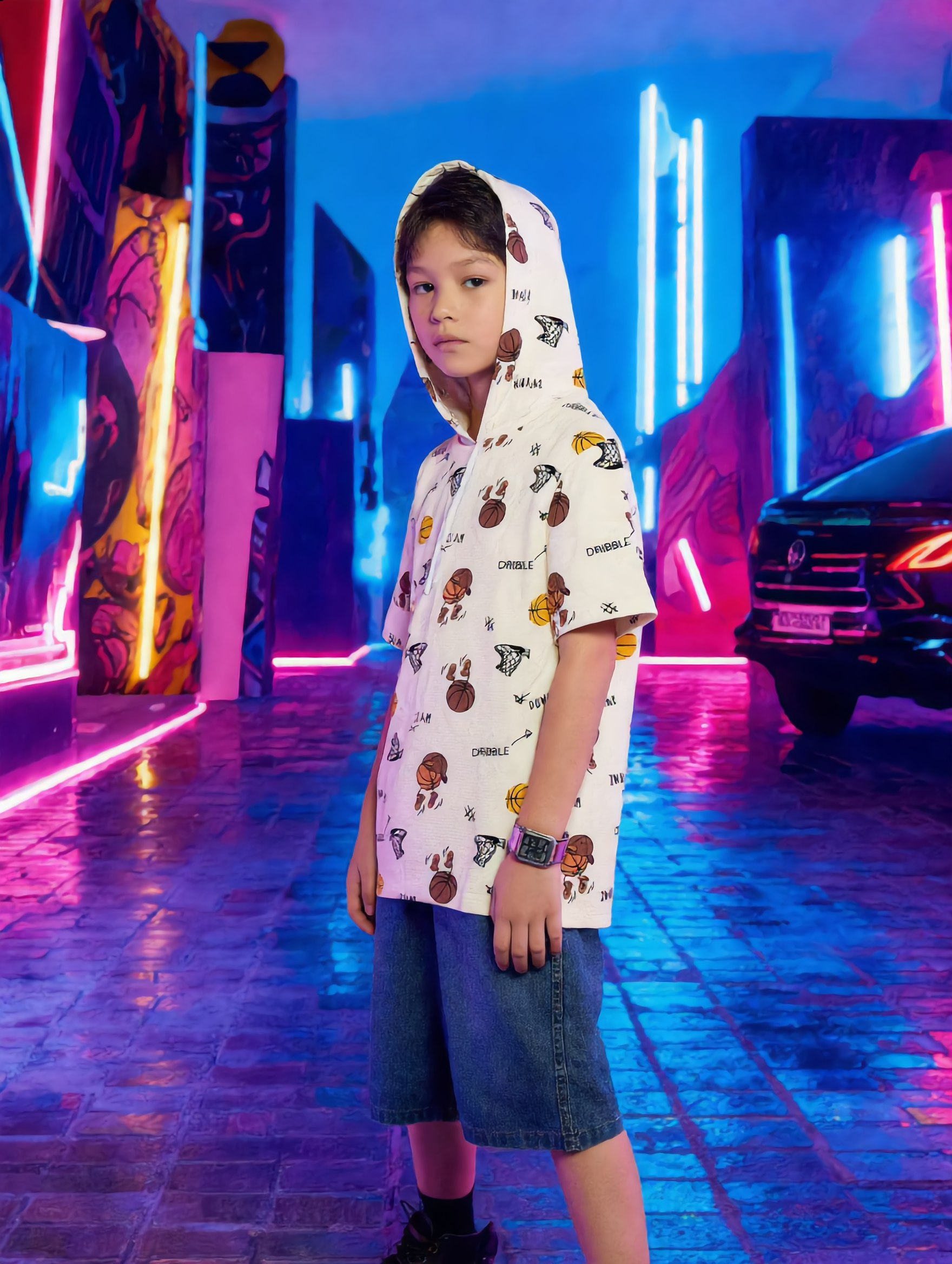 Boys Cream Basketball Print Short-Sleeve Hooded T-Shirt